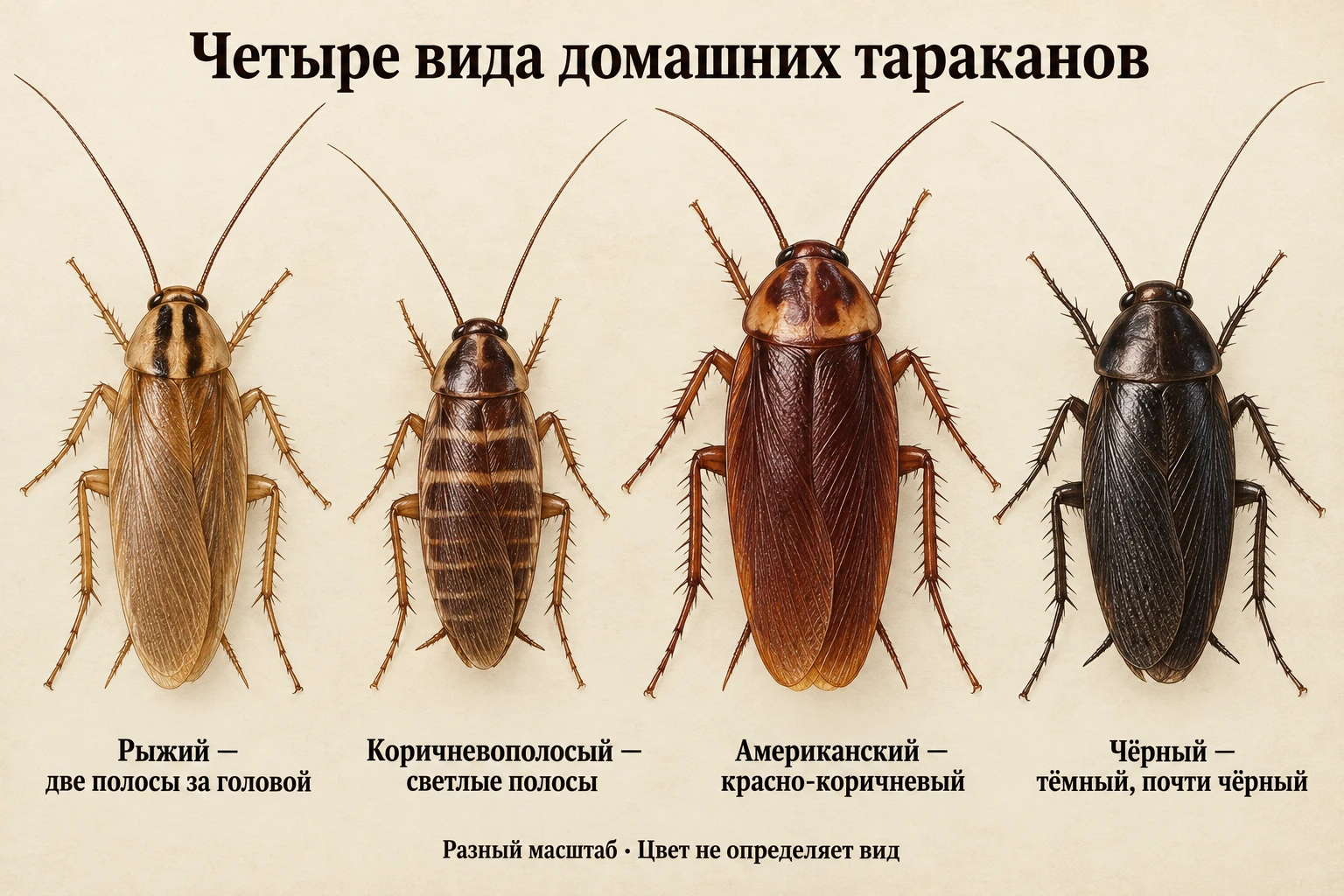 Четыре вида тараканов с подписями: рыжий, коричневополосый, американский и чёрный; выделены характерные полосы и окраска.