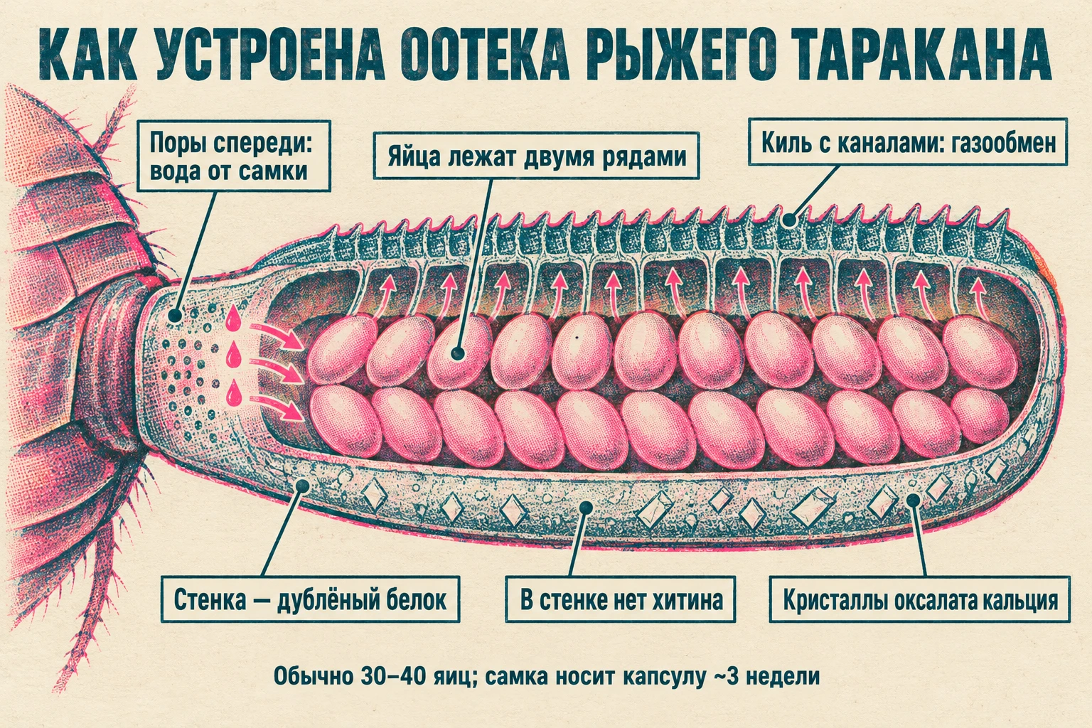 Схема продольного разреза оотеки: два ряда яиц, гребень с дыхательными каналами сверху, передний конец в брюшке самки со стрелками поступления воды, кристаллы в стенке капсулы.