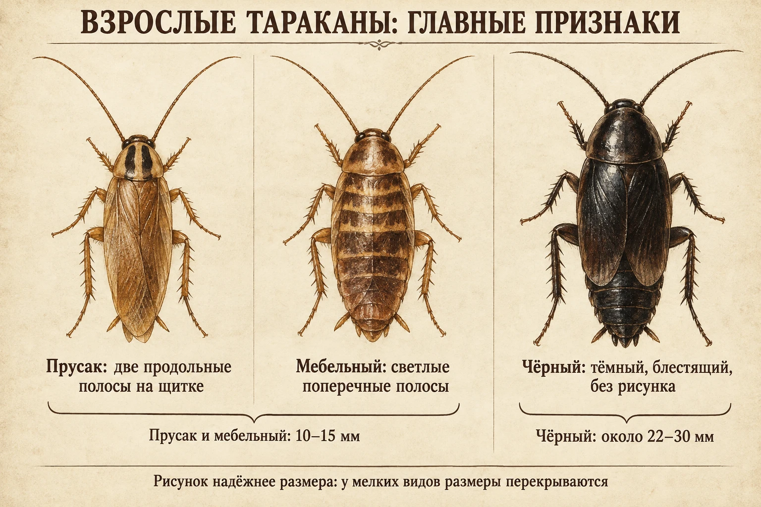 Таблица из трёх колонок с видом сверху на прусака, мебельного и чёрного таракана с подписями ключевых признаков.