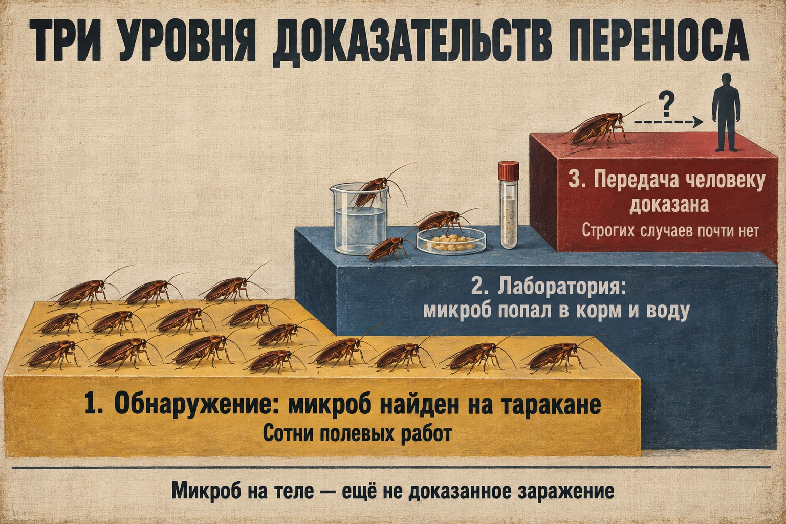 Учебная таблица гуашью: три ступени. На нижней много тараканов, на средней тараканы рядом со стаканом воды и пробиркой, на верхней один таракан и человек, соединённые пунктиром с вопросительным знаком.