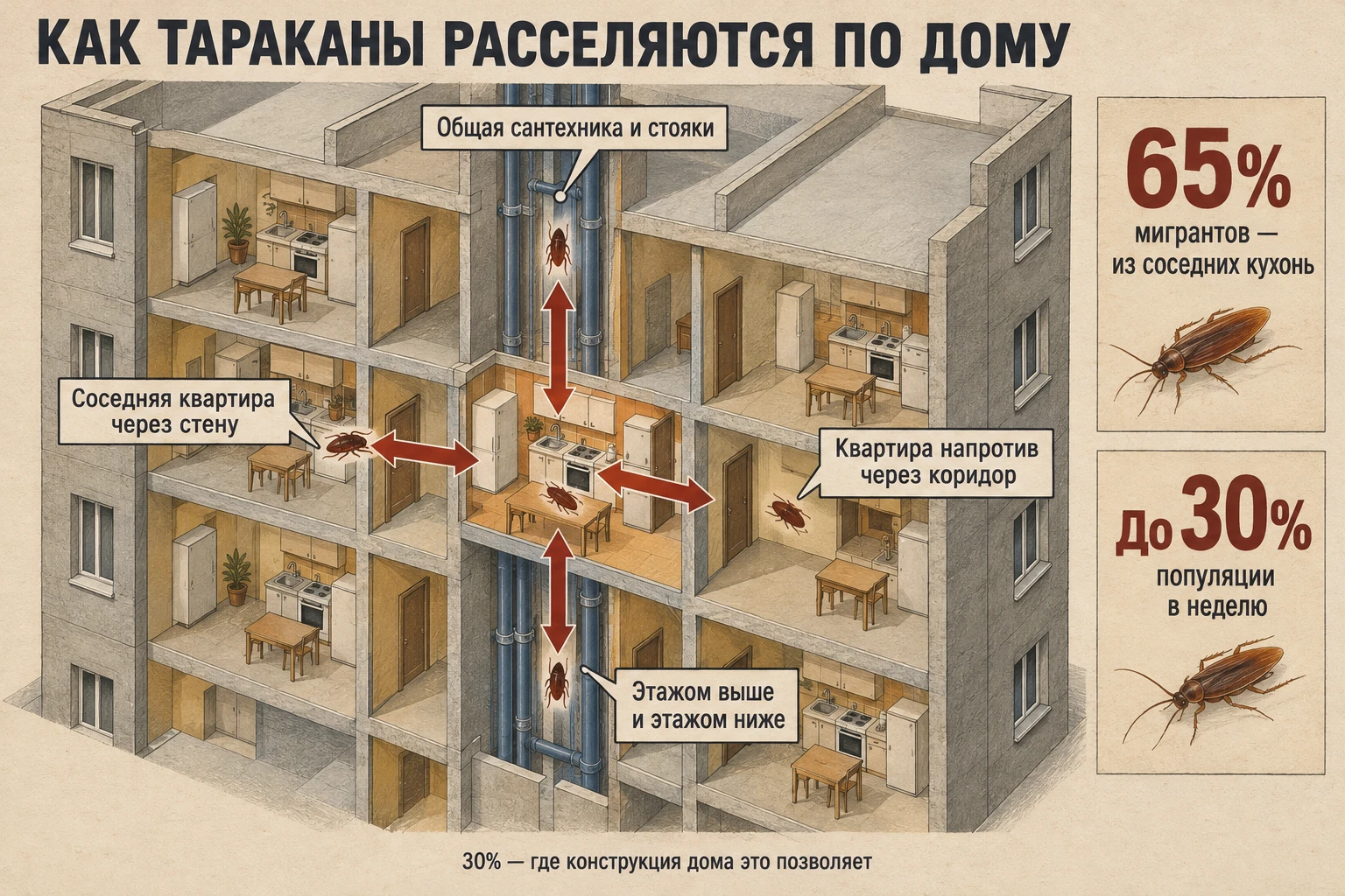 Аксонометрическая схема трёхэтажного дома: от кухни центральной квартиры красные стрелки ведут через стену, через коридор и по стояку вверх и вниз, рядом выноски о 65% мигрантов из соседних кухонь и до 30% популяции в неделю