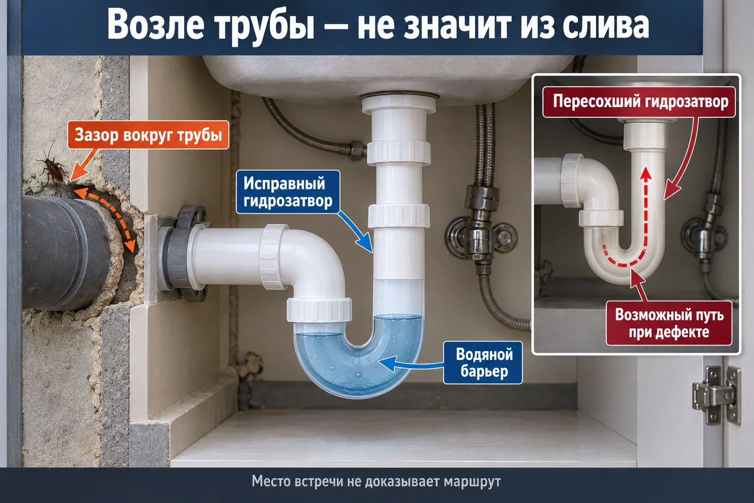 Разрез сантехники показывает зазор снаружи трубы, водяной барьер исправного сифона и отдельный пример пересохшего гидрозатвора.