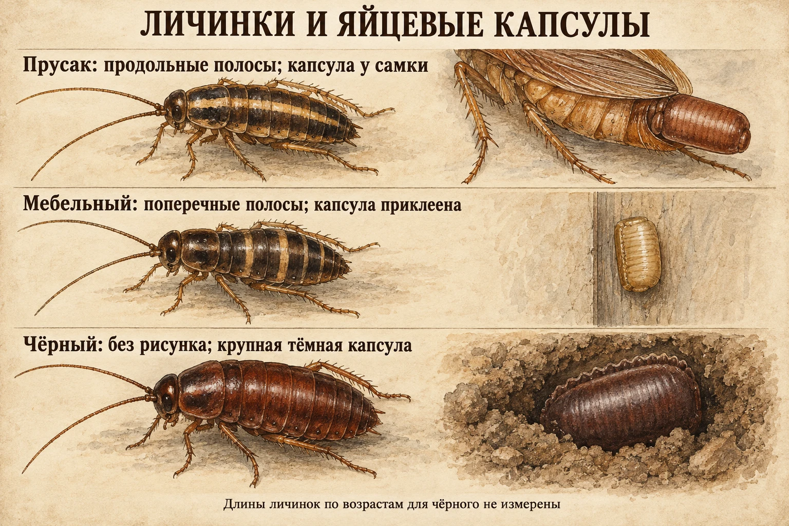 Три ряда: личинка и яйцевая капсула прусака, мебельного и чёрного тараканов с кратким признаком каждого.