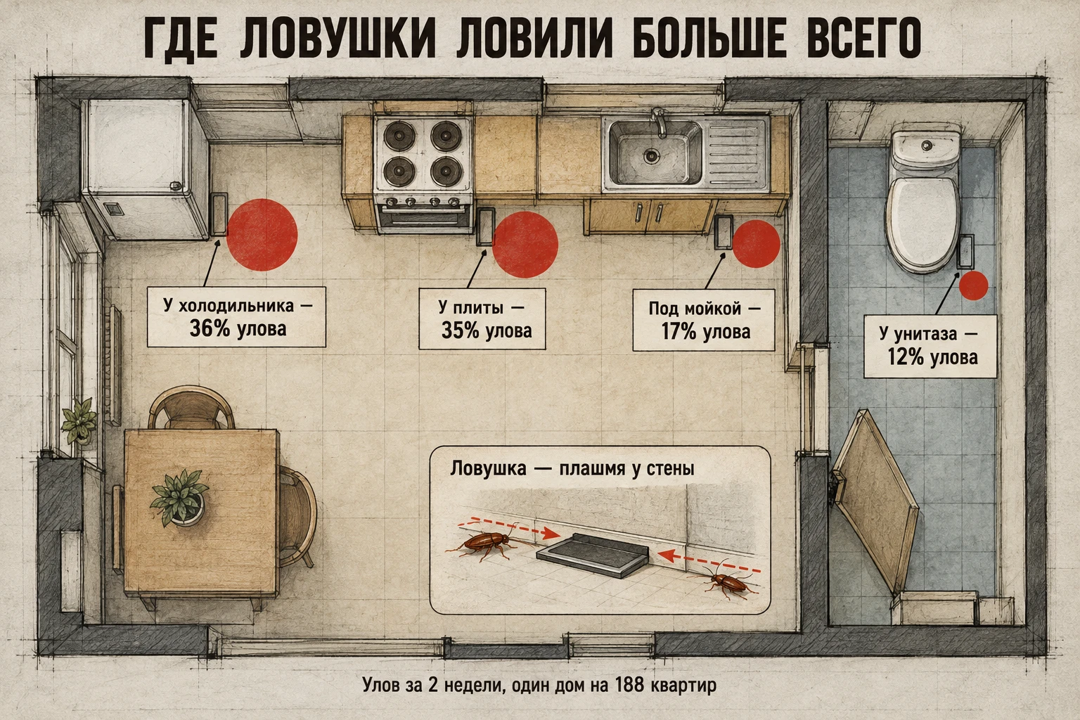 План кухни и санузла сверху с четырьмя ловушками у стен. Красные круги разного размера показывают долю улова: 36% у холодильника, 35% у плиты, 17% под мойкой, 12% у унитаза.