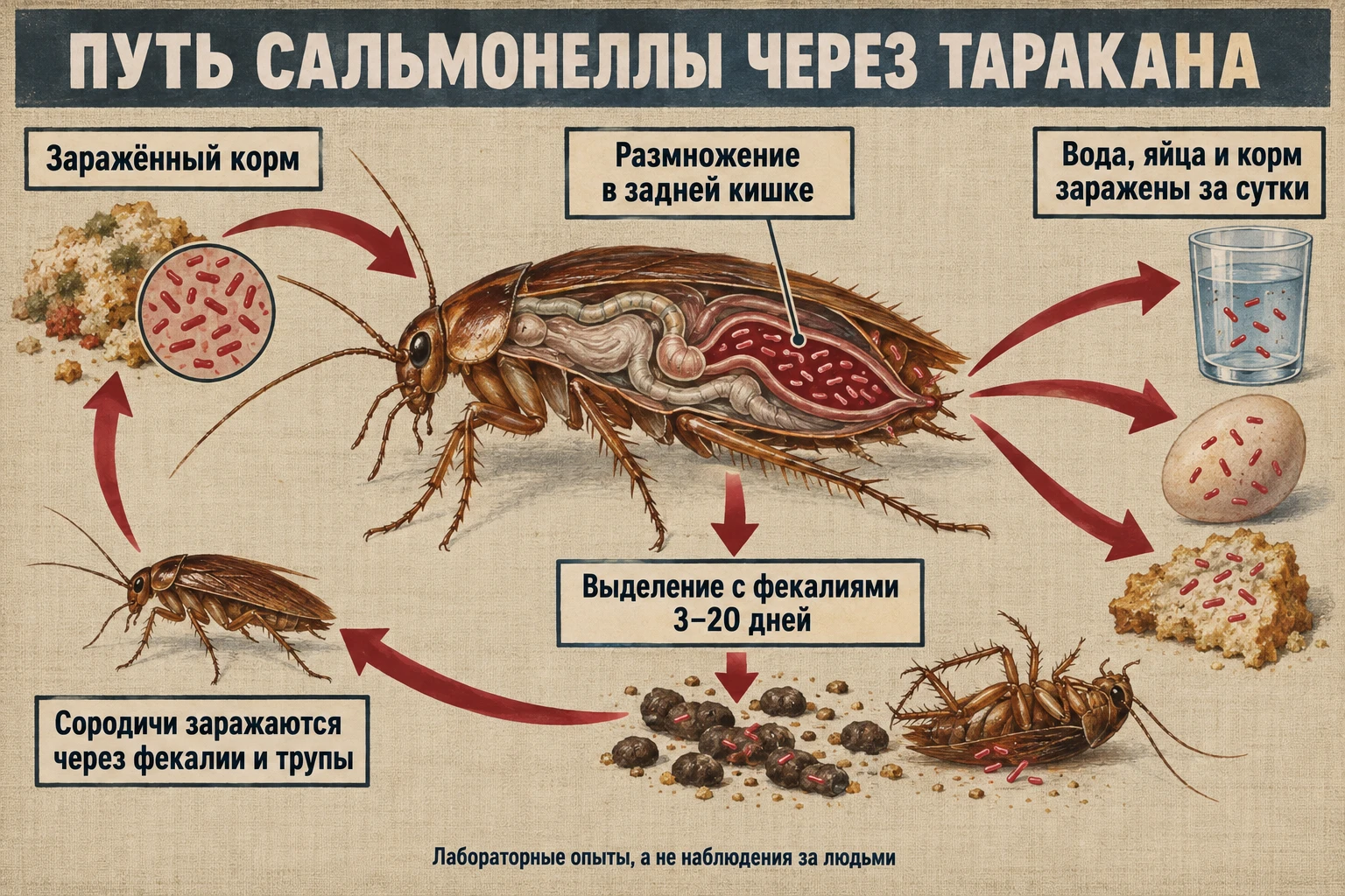Гуашевая учебная схема: таракан в разрезе с выделенной задней кишкой, стрелки от заражённого корма к насекомому, от него к стакану воды, яйцу и корму, а через фекалии и трупик — к другому таракану.
