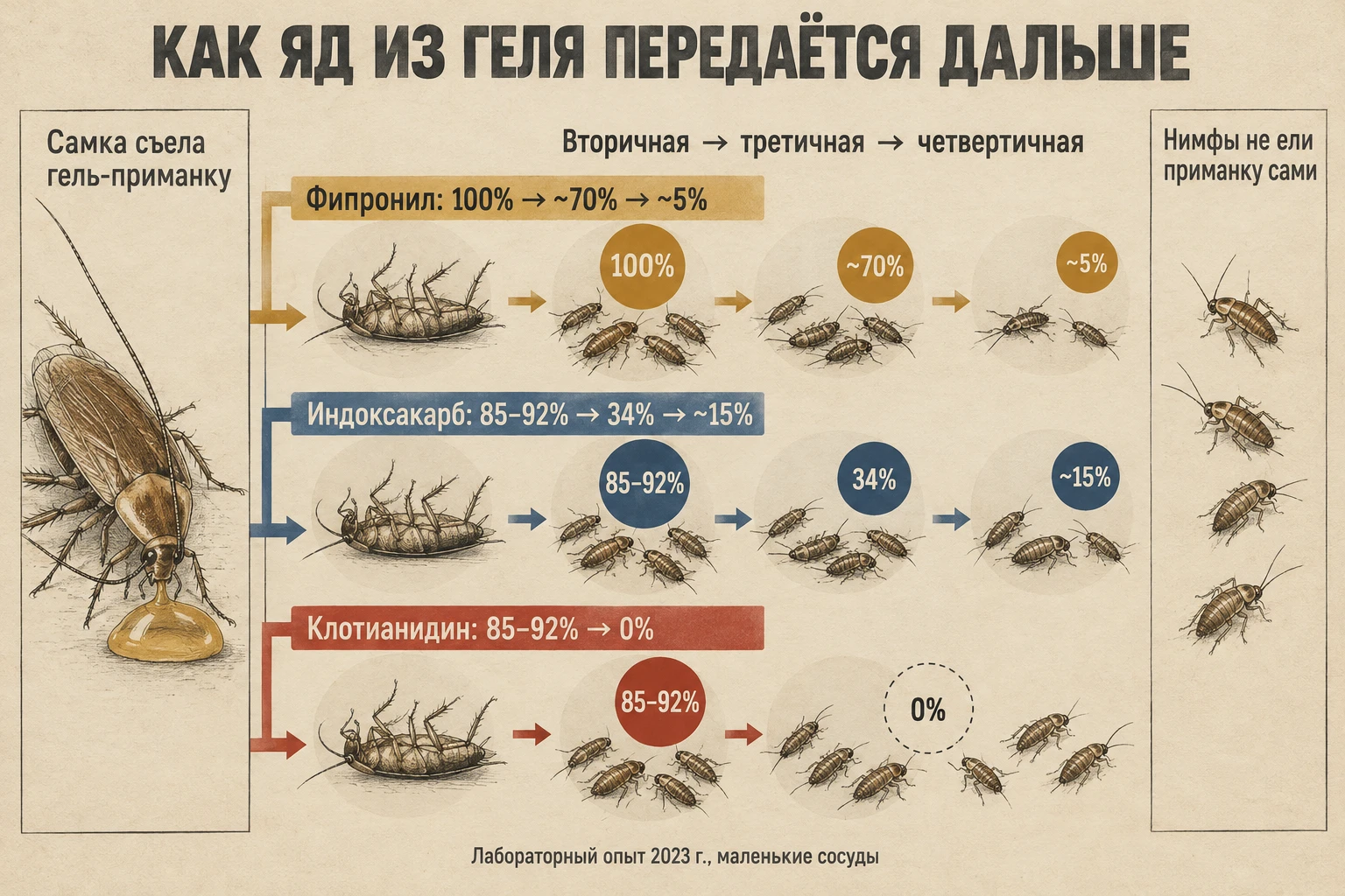 Схема: взрослая самка таракана у капли геля и три дорожки кружков разного размера. Передача яда нимфам у фипронила затухает от 100% до 5%, у индоксакарба от 85–92% до 15%, у клотианидина обрывается на третичном уровне