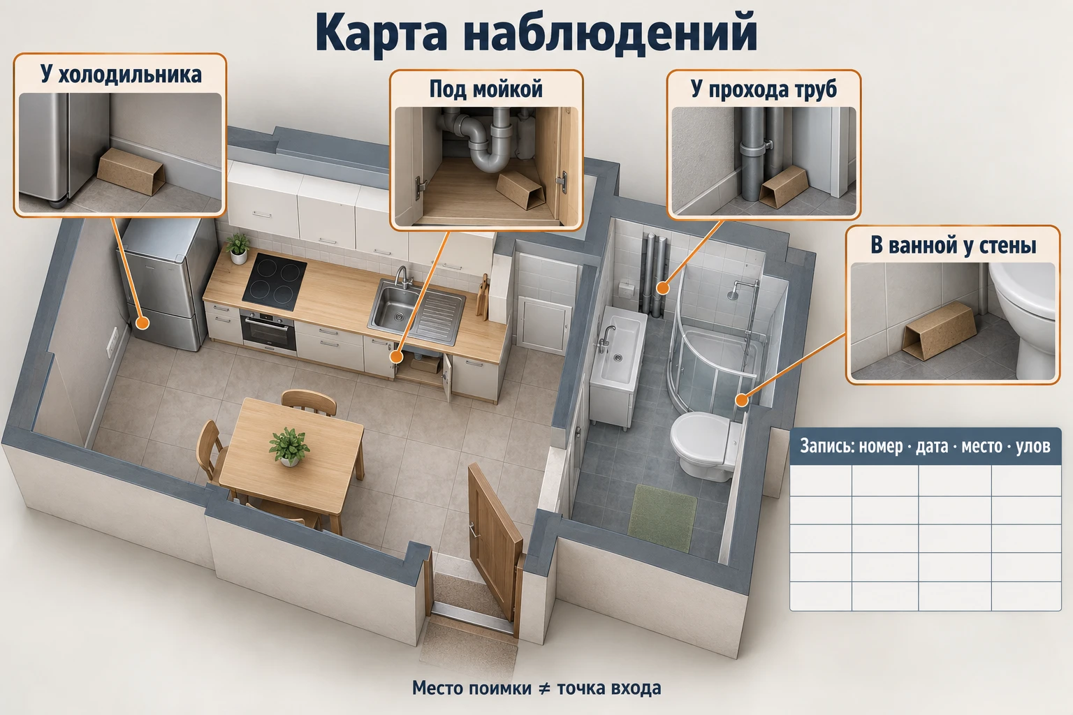 На плане кухни и ванной отмечены клеевые мониторы у холодильника, под мойкой, возле труб и у стены ванной.