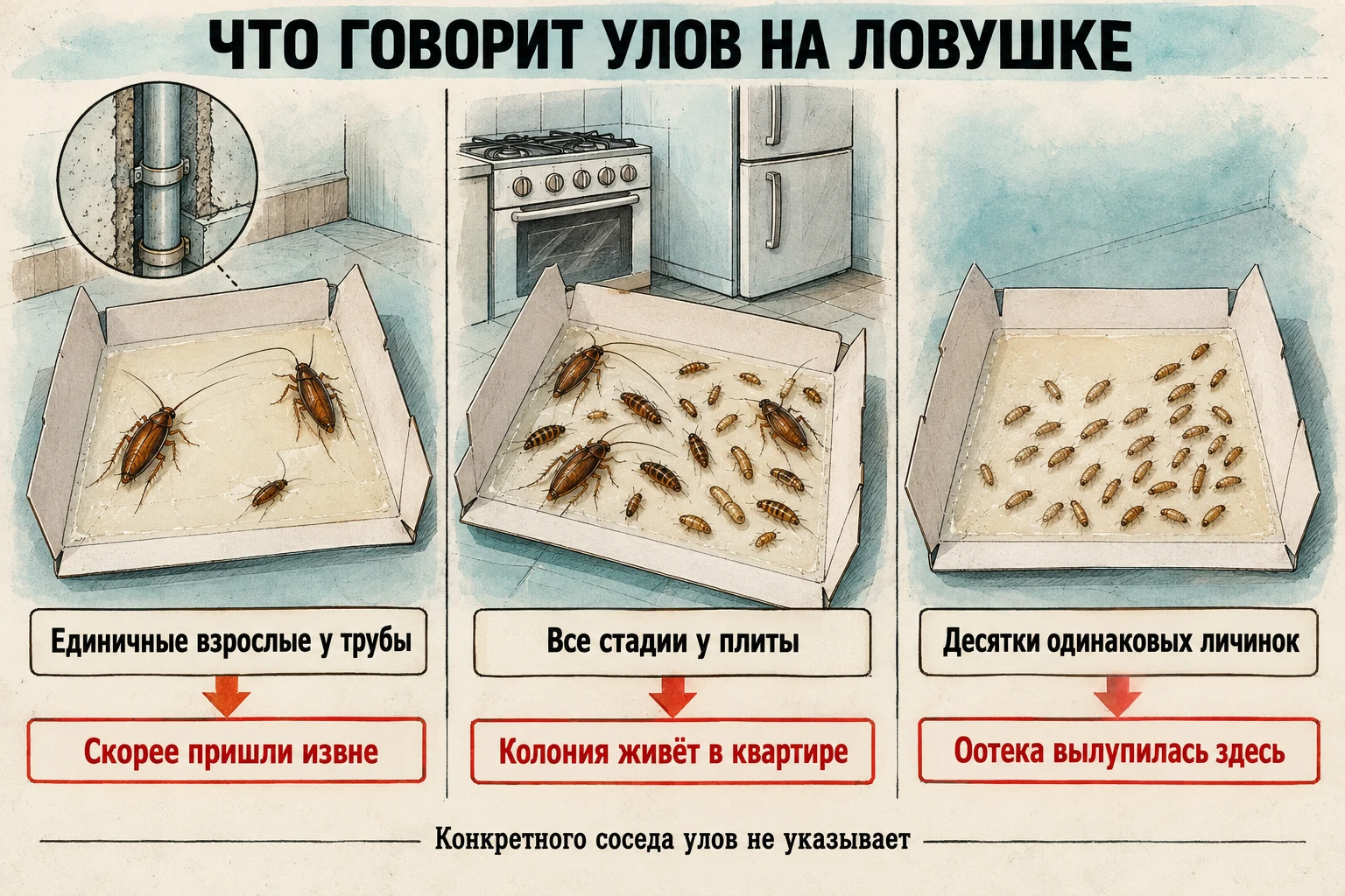 Три нарисованные тушью клеевые ловушки рядом. На первой у трубы два-три взрослых таракана, на второй личинки разного размера и взрослые у плиты, на третьей десятки одинаковых мелких личинок.