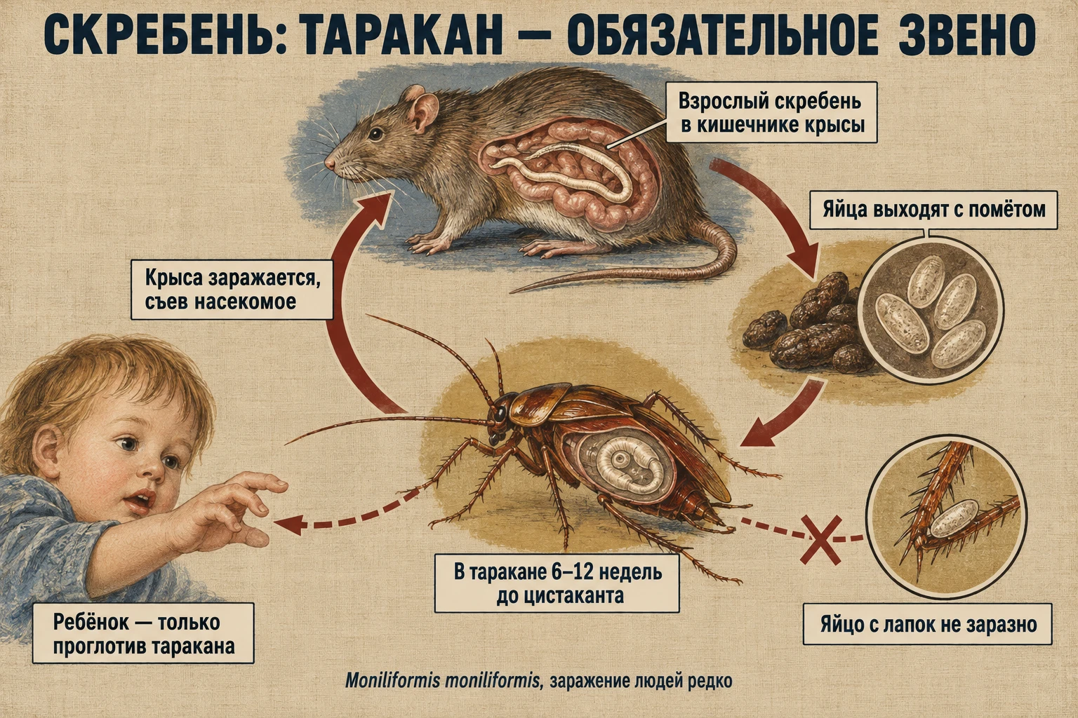 Учебная таблица гуашью: цикл скребня от крысы через яйца в помёте к таракану с личинкой внутри и обратно к крысе. Сбоку пунктир от таракана к руке ребёнка, перечёркнутая стрелка от яйца на лапке.