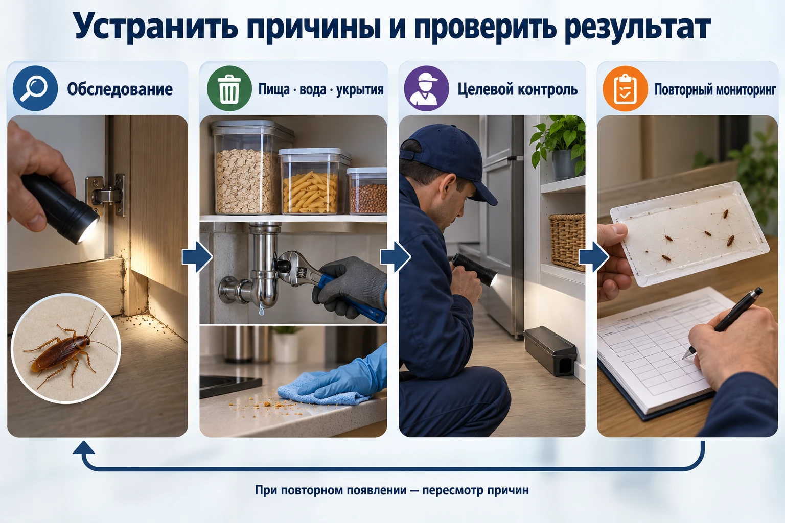 Последовательность комплексного контроля: осмотр укрытий, устранение пищи и влаги, целевые меры и повторная проверка ловушек.