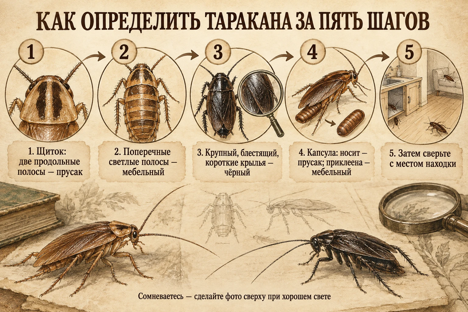 Пять пронумерованных шагов со стрелками: щиток, поперечные полосы, размер и блеск, капсула, место находки.