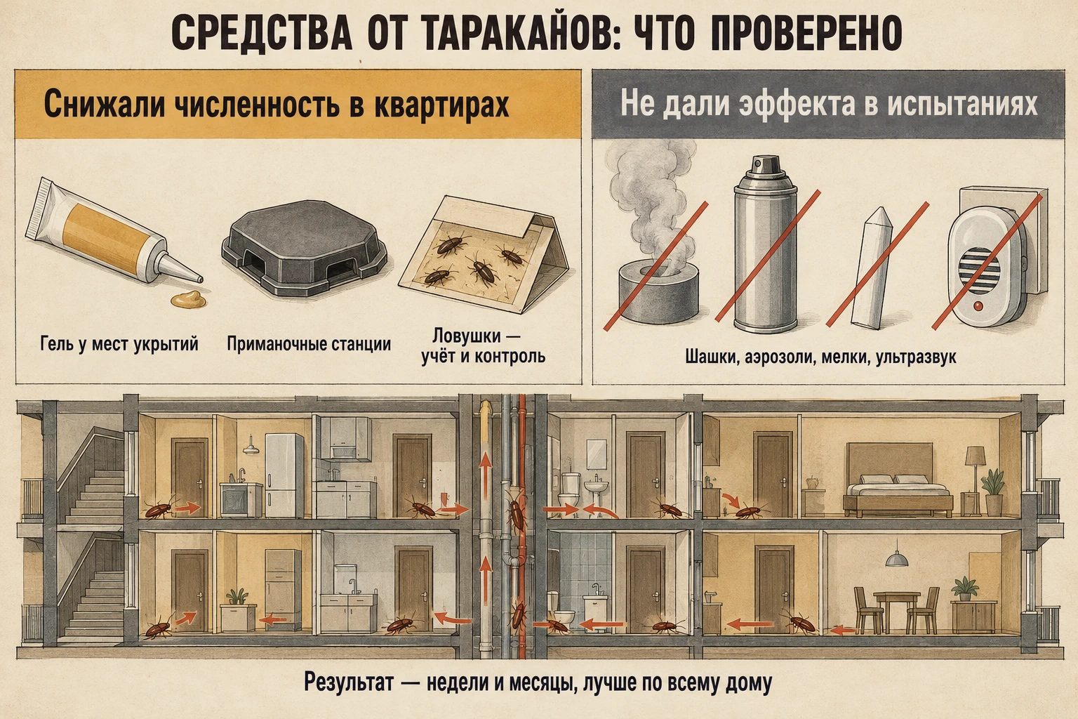 Чертёжный лист из двух колонок: слева гель, приманочная станция и клеевая ловушка как средства с подтверждённым эффектом, справа перечёркнутые дымовая шашка, аэрозоль, мелок и ультразвуковой прибор